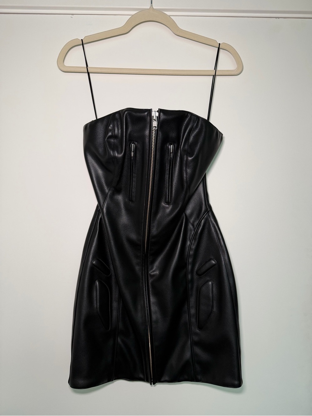 Strapless Black Faux Leather Mini Dress with Front Zip